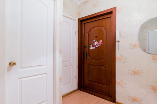 Russia, Moscow- August 01, 2019: interior room apartment. standard repair decoration in hostel. room doors, repair corridor