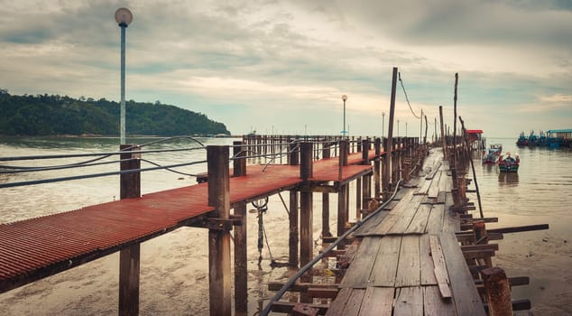 Jetty at Penang national park at rainy day, Malaysia. Panorama