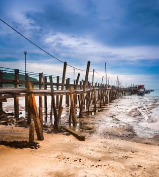 Jetty at Penang national park at rainy day, Malaysia.