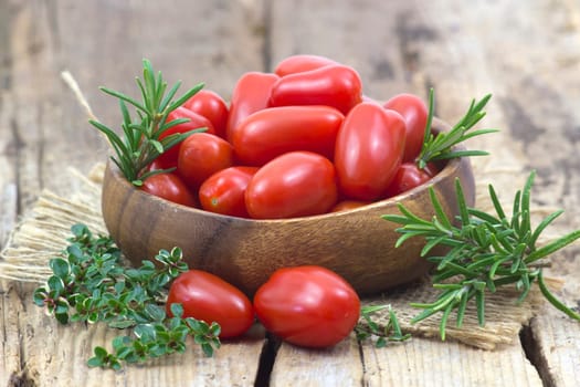 mini roma tomatoes and herbs on wooden background