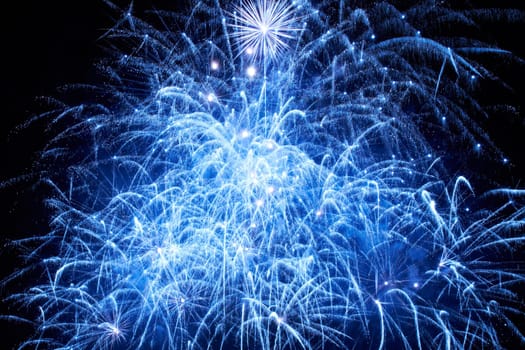 Blue colorful fireworks on the black sky background