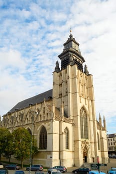 Skyward view of Notre-Dame de la Chapelle church, Brussels, Belgium