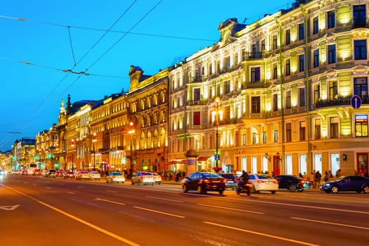 Night Saint Petersburg cityscape with traffic on illuminated Nevsky Prospect, Russia