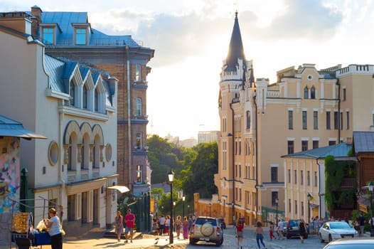 KIEV, UKRAINE - JUNE 19, 2019: People walking up and down the famous Andreevsky descent in Kiev, Ukrane. Andreevsky descent is the famous tourist destination