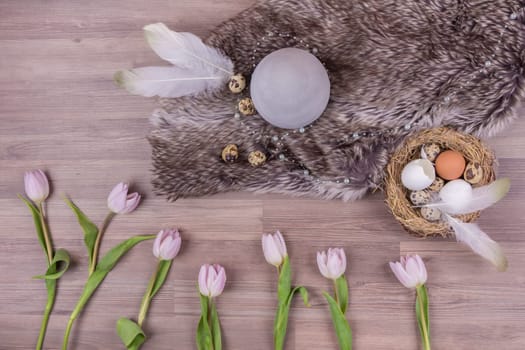 Beautiful decoration easternest with egg flowers and feather for holiday celebration in april. Handmade tinker luxury design bouquet.