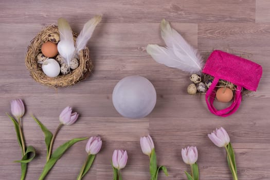 Beautiful decoration easternest with egg flowers and basket for traditional celebration in april. Handmade fun tinker luxury bouquet.