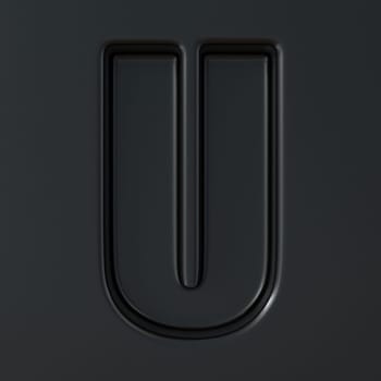 Black engraved font Letter U 3D render illustration on black background