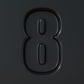 Black engraved font Number 8 EIGHT 3D render illustration on black background