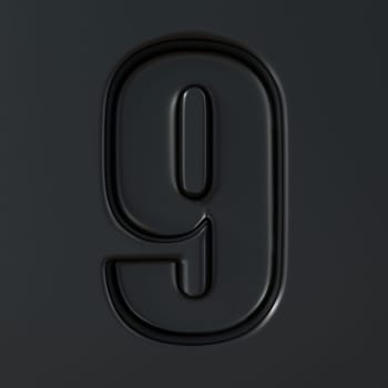 Black engraved font Number 9 NINE 3D render illustration on black background