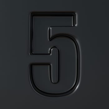 Black engraved font Number 5 FIVE 3D render illustration on black background