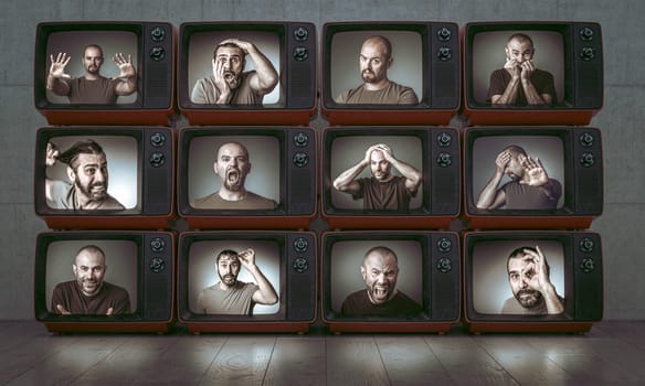 portraits of 3 different people with various expressions and emotions, images on old tv.Interior with wooden floor.