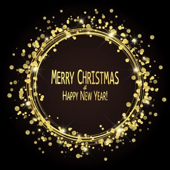 round lightning with dots and sparkle effects colored golden on dark background with Merry Christmas and Happy New Year greetings