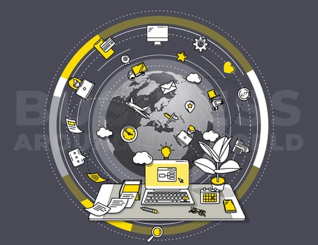 Modern, complex and dynamic illustration on the theme of business around the world. Perfect for creating a promotional poster of your services.