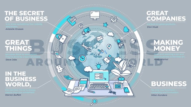 Dynamic and detailed poster about business worldwide. The illustration contains elements and icons, which makes it easy and diverse to use it in your advertising and promo presentations.