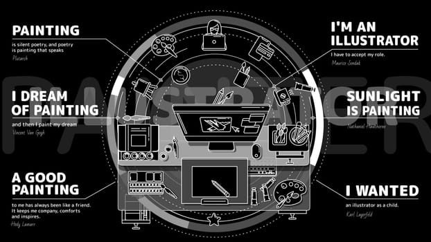 Promo for illustrators is a modern illustration intended for promotion and advertising of the site and services of your company. There are text blocks on the topic.