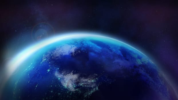 Closeup dawn over the planet Earth. The night half of the Globe.