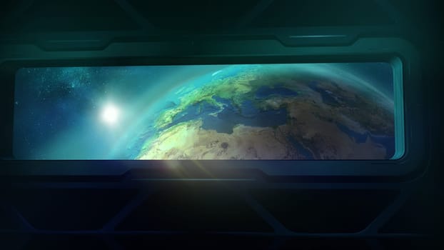 From the porthole of the flying spaceship, one can see the day half of the Earth.