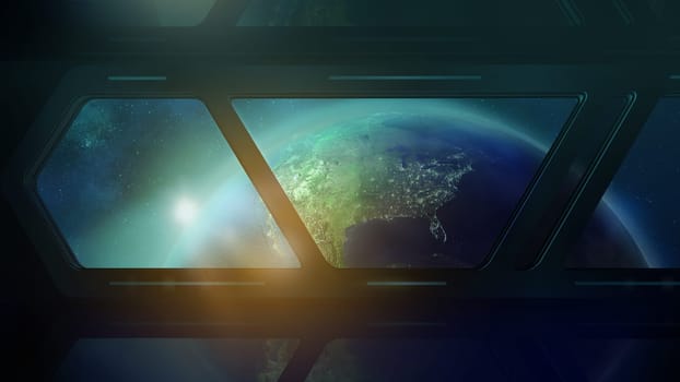 From the porthole of the flying spaceship, one can see the Globe is half illuminated by the sun.