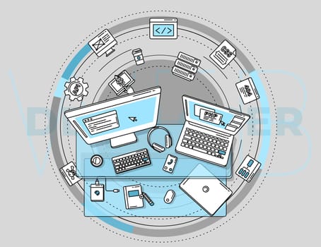 A complex illustration consisting of a set of elements is designed to attract attention and was created specifically for web developers promo.