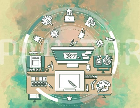 Creative, complex illustration on illustrators. The image contains many elements and icons, which makes it easy and diverse to use it in your advertising.