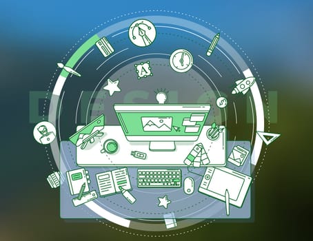 Creative, complex illustration about design and the profession of designer. The image contains many elements and icons, which makes it easy and diverse to use it in your advertising.