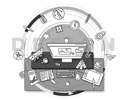 Dynamic modern illustration on the work of the designer. Perfect for advertising and promotional presentations of your services.