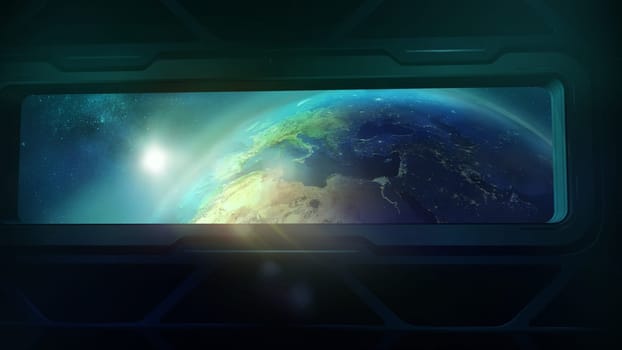 From the porthole of the flying spaceship, one can see the Globe is half illuminated by the sun.