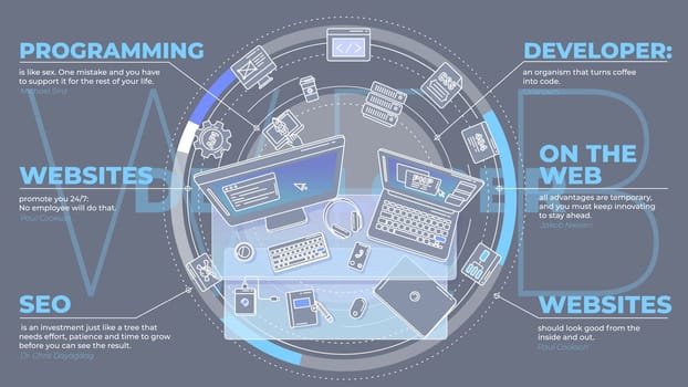 Beautiful and detailed illustration on the theme of web developer. Dynamic and modern, it is perfect for decorating presentations of your services.