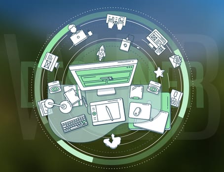 Creative, complex illustration on web design. The image contains many elements and icons, which makes it easy and diverse to use it in your advertising.