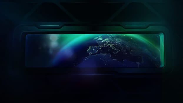 From the porthole of the flying spaceship, one can see the night half of the Earth.