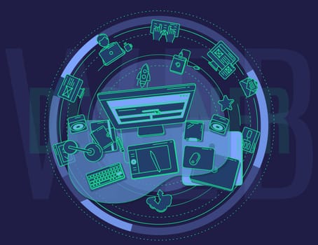 Modern, complex and dynamic illustration on the theme of the web designer. Perfect for creating a promotional poster of your services.