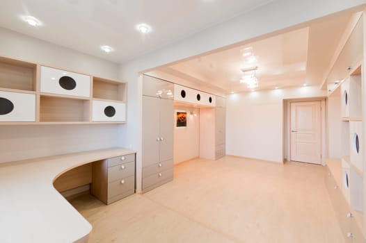 Russia, Omsk- August 02, 2019: interior room apartment. standard repair decoration in hostel. bright empty room unfurnished, lighting fixtures