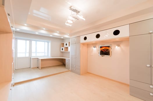 Russia, Omsk- August 02, 2019: interior room apartment. standard repair decoration in hostel. bright empty room unfurnished, lighting fixtures