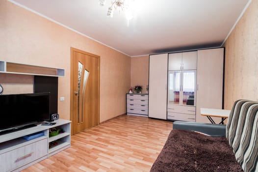 Russia, Omsk- August 02, 2019: interior room apartment. standard repair decoration in hostel