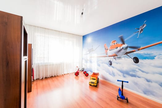 Russia, Omsk- August 02, 2019: interior room apartment. standard repair decoration in hostel. children's room