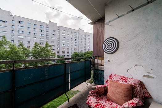 Russia, Omsk- August 02, 2019: interior Russia, Omsk- August 02, 2019: interior room apartment. standard repair decoration in hostel. balcony with street view