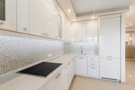 Russia, Omsk- August 02, 2019: interior room apartment. standard repair decoration in hostel. kitchen, dining area