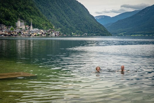 overlooking the lake in the Austrian town of Hallstatt in tourist season in summer