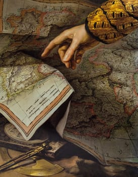 Hand pointing to Iberian Peninsula Map, English edition. Detail from painting of Duke of El Infantado, 1827. Painted by Vicente Lopez Portana, Museo del Prado, Madrid