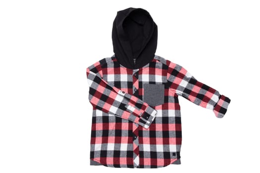 Hoodie isolated. Close-up of a trendy red checkered hoodie shirt with long sleeves for boy isolated on a white background. Childrens spring, autumn and winter fashion.