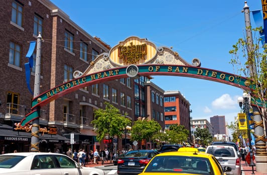 SAN DIEGO, CA, UNITED STATES - APRIL 27,2014:Historic heart of San Diego -  the Gaslamp Quarter extends from Broadway to Harbor Drive.