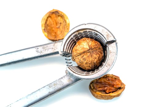 Cracking walnuts on a white background with place for text. Free place. Background image. Food photo.