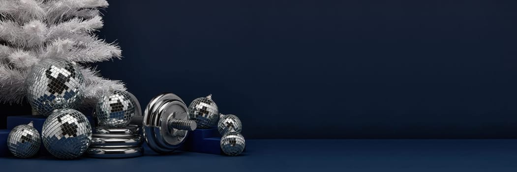 Dumbbells, Christmas fir tree and mirorr balls on dark blue background with copy space. For design of advertising, web design. Christmas and New Year. Fitness, sport or healthy lifestyle concept.