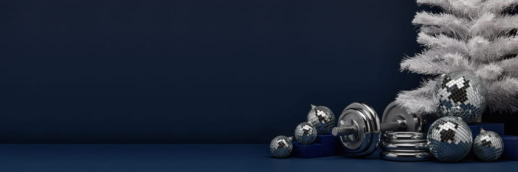 Dumbbells, Christmas fir tree and mirorr balls on dark blue background with copy space. For design of advertising, web design. Christmas and New Year. Fitness, sport or healthy lifestyle concept.