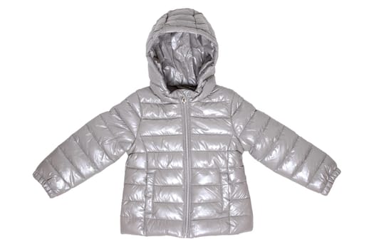 Winter jacket isolated. A stylish cozy warm silver gray down jacket for the kids isolated on a white background. Fashionable childrens wear with hood for spring and autumn.