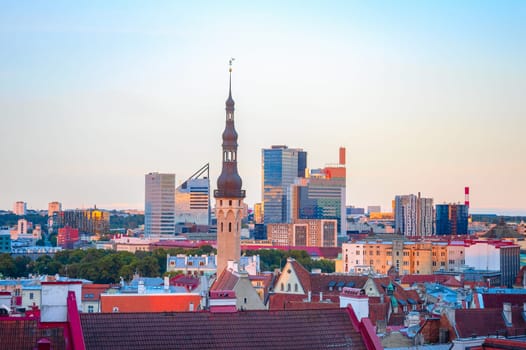 Aerail cityscape of Tallinn downtown in sunset light, Estonia