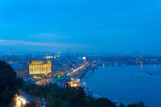 Skyline of Kiev. Podol district and river Dniepr. Ukraine