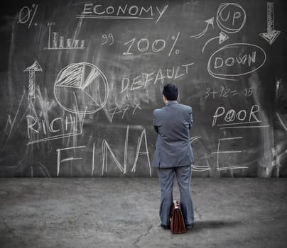 Businessman on the street looking finance chalkboard