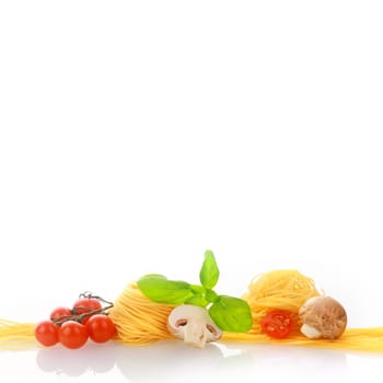Fresh Italian Pasta and Vegetables on White Background.