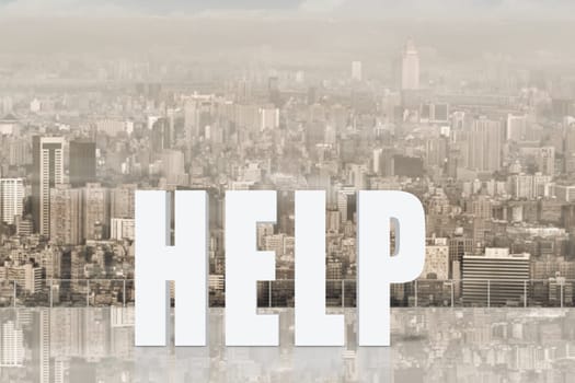 Concept of help, assist,aid etc with 3d text under sky in the modern city.